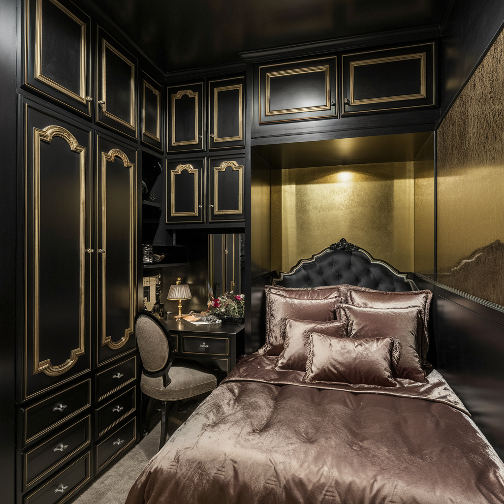 Dark navy bedroom with warm lighting and oversized mirror