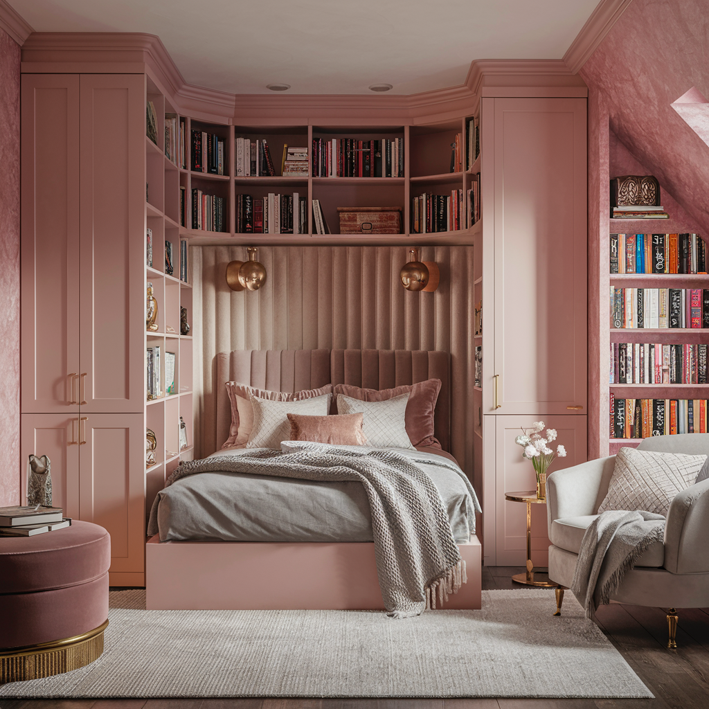 Colorful bedroom with bright cushions and patterned wall art