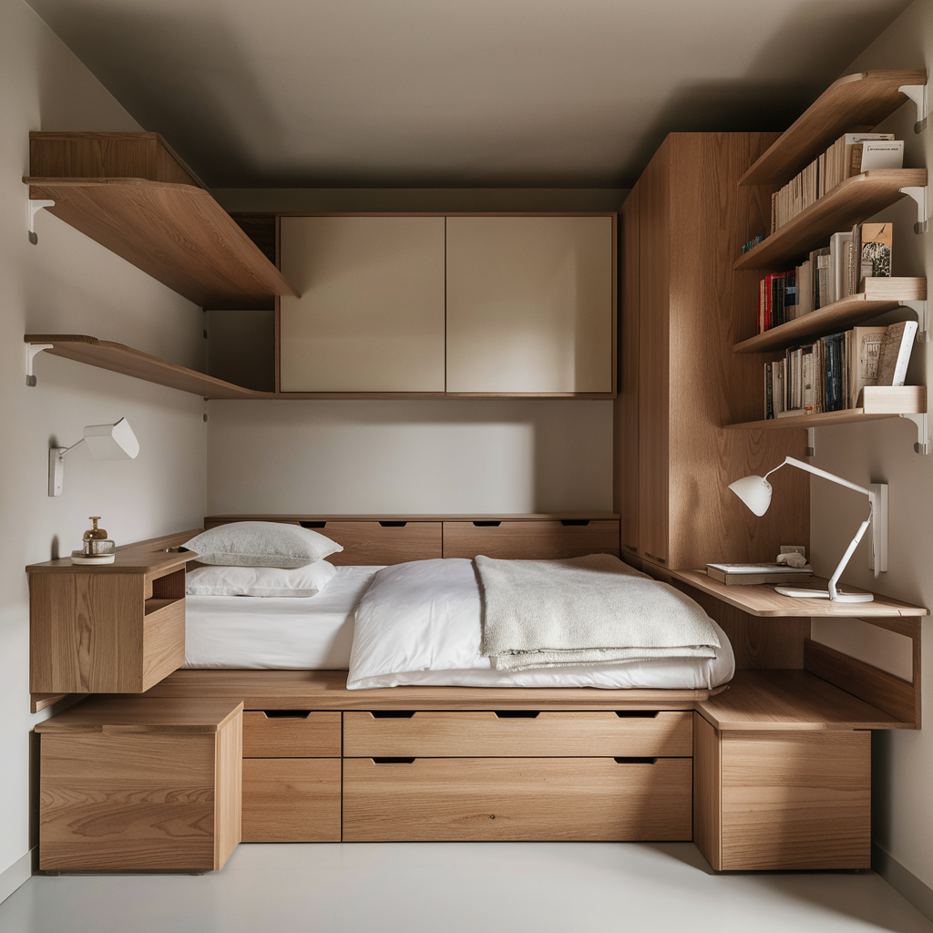 Tall shelves reaching the ceiling in a small bedroom
