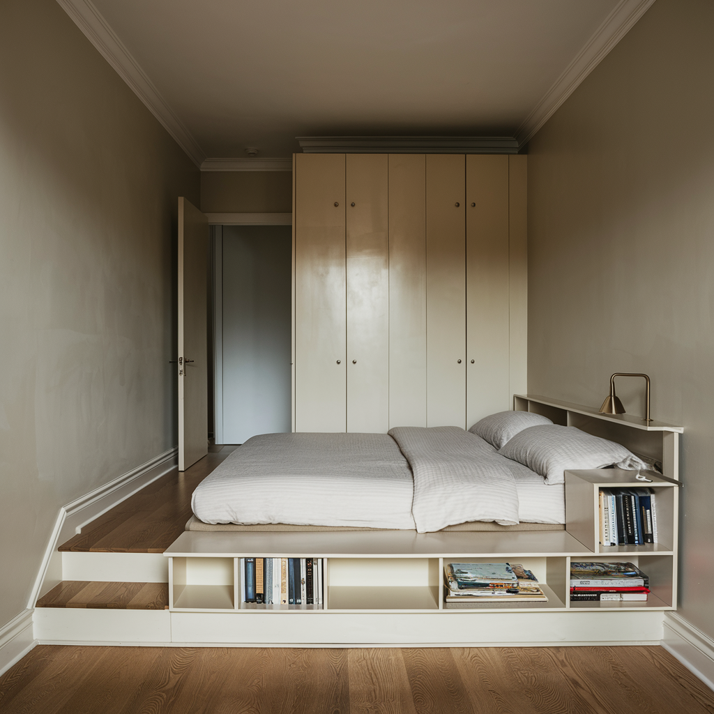 Under-bed storage bins and a bedside table with drawers