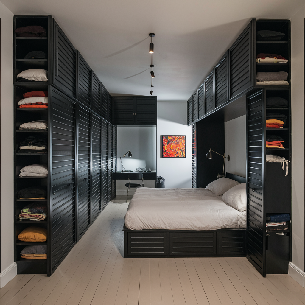 Tidy bedroom with made bed and labeled storage bins