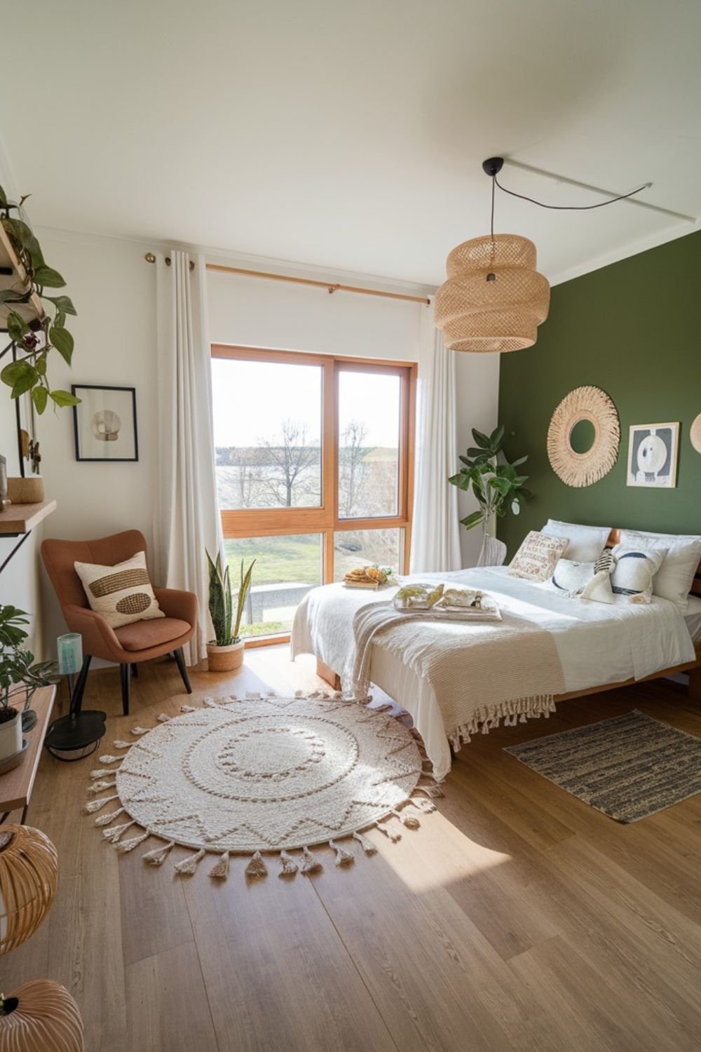 Olive green feature wall behind a bed with plants and woven decor