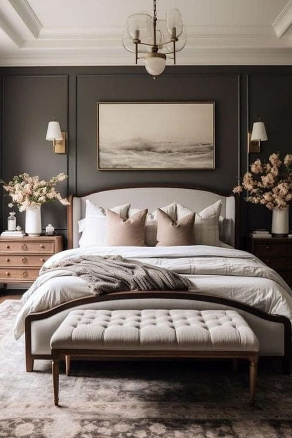 Deep charcoal wall behind a bed with neutral bedding, warm wood furniture and florals