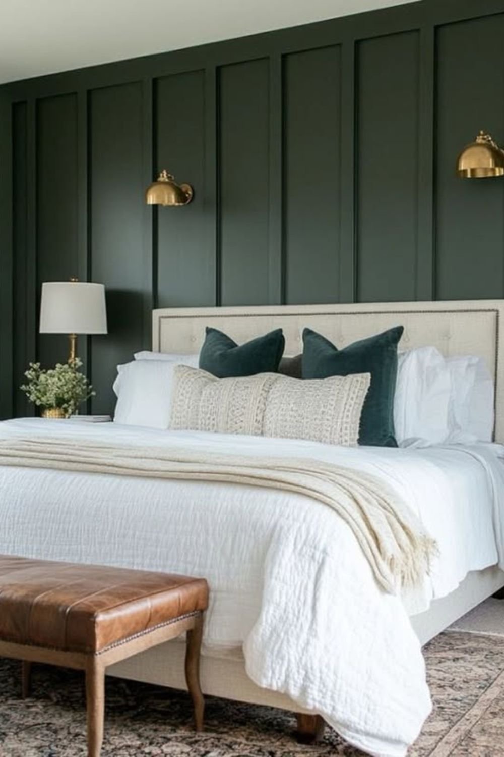 Deep green accent wall behind a bed with light bedding and velvet pillows