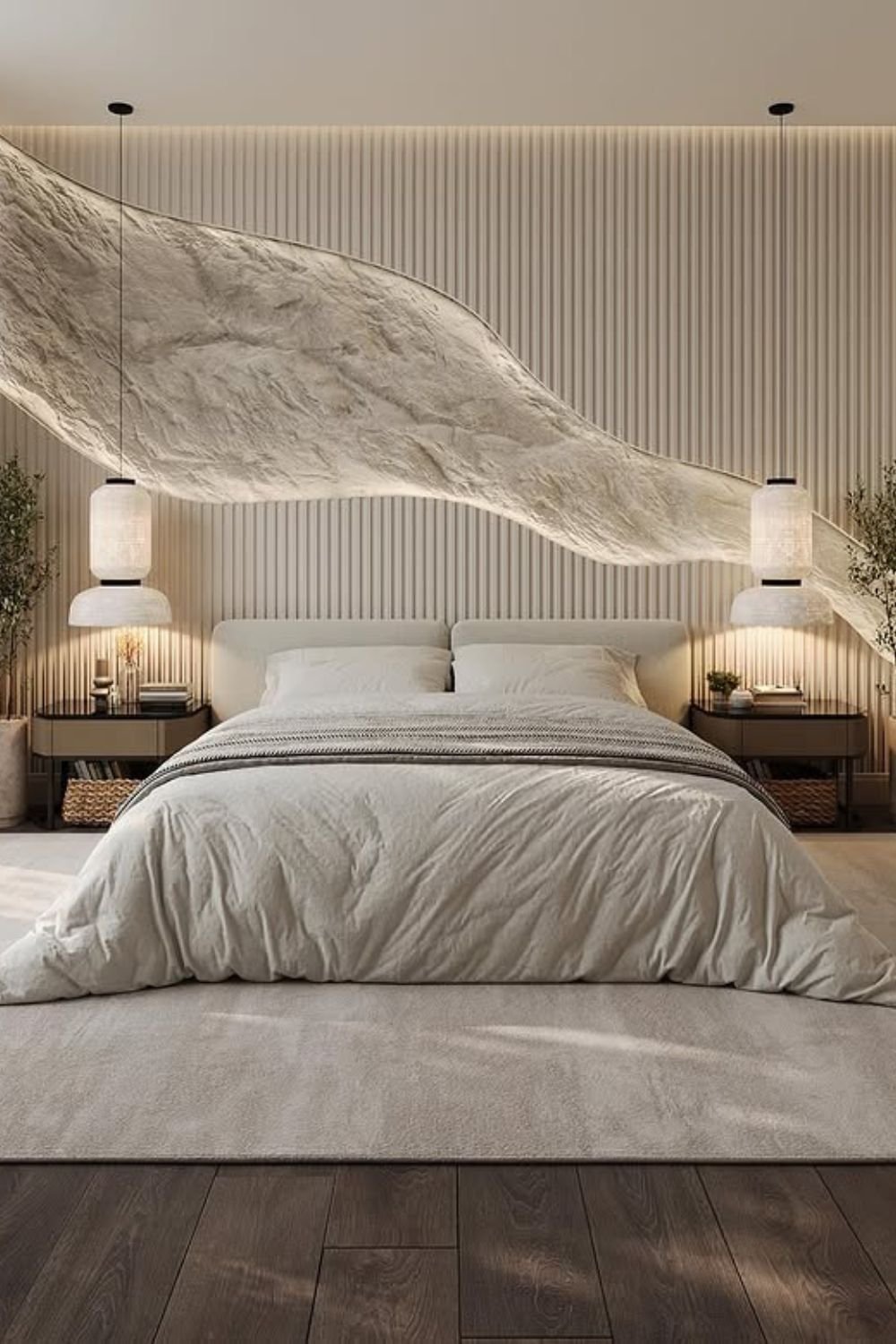 Sculpted wave texture accent wall behind a bed with vertical paneling