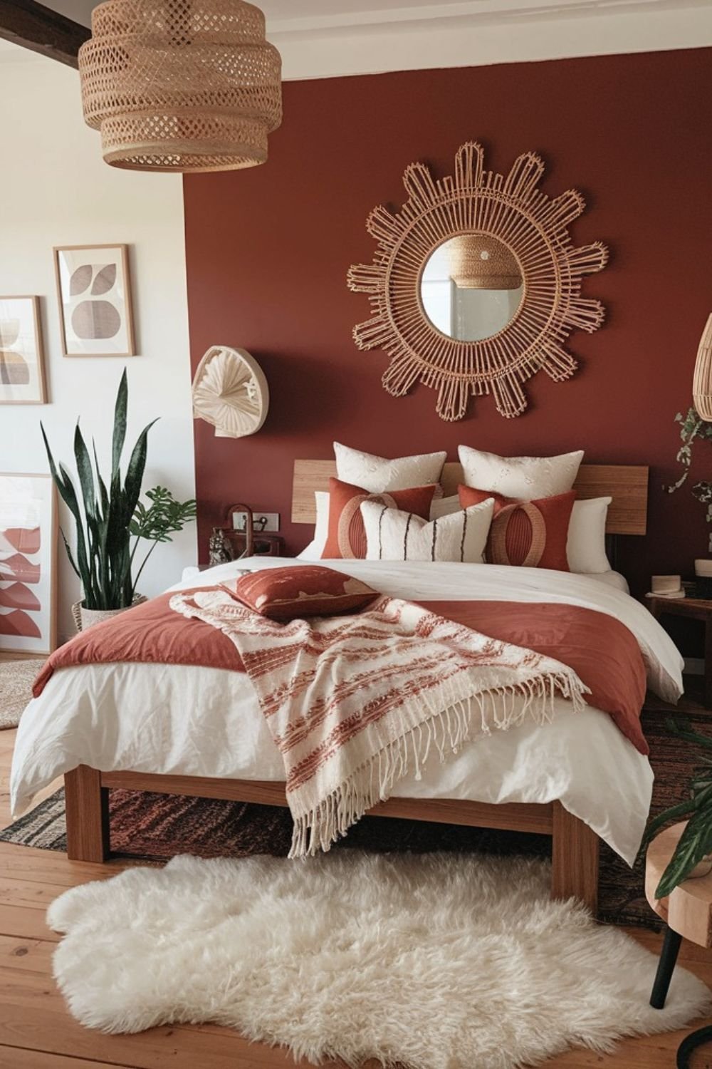 Deep terracotta accent wall behind a bed with crisp white bedding and wood furniture