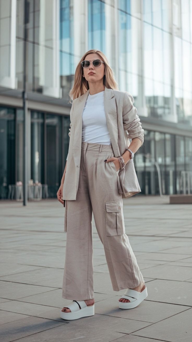 29. Effortless Elegance: Beige Blazer and Cargo Trousers for Spring