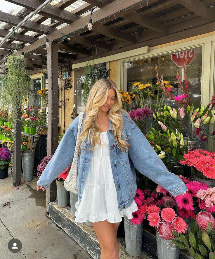 4. Effortless Spring Elegance: White Dress and Oversized Denim