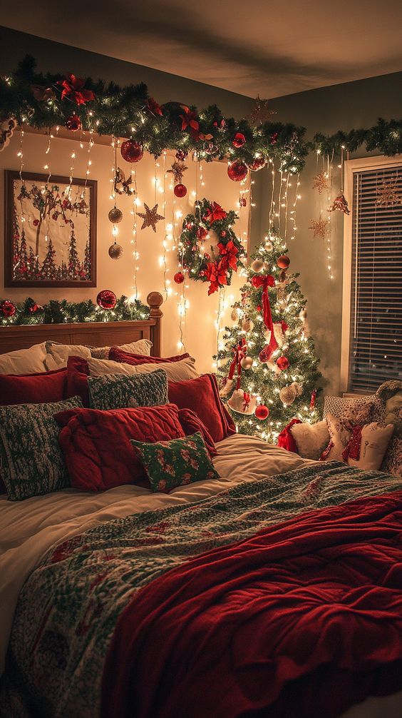 A bedroom with various holiday-themed decor elements like string lights and seasonal textiles