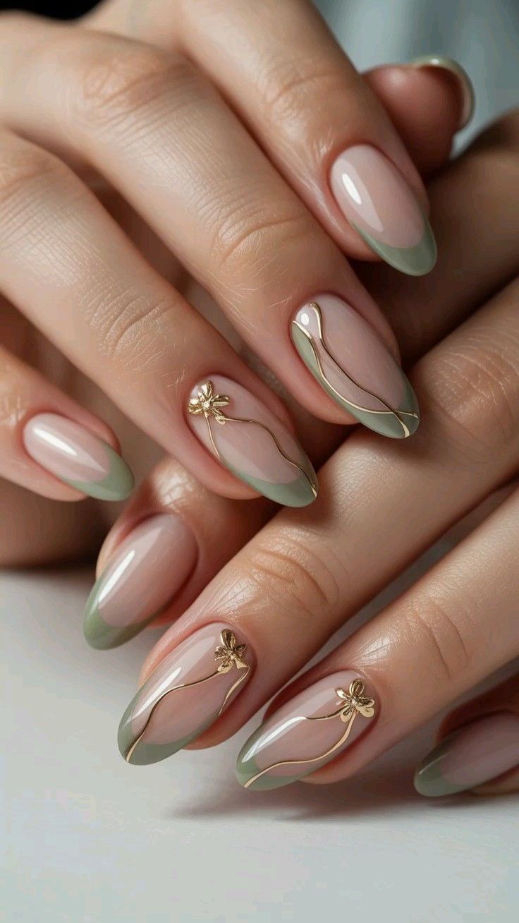 A Touch of Elegance: Sage Green Tips with Gold Florals
