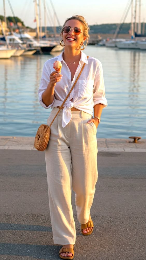 23. Effortless Elegance by the Marina in Beige and White