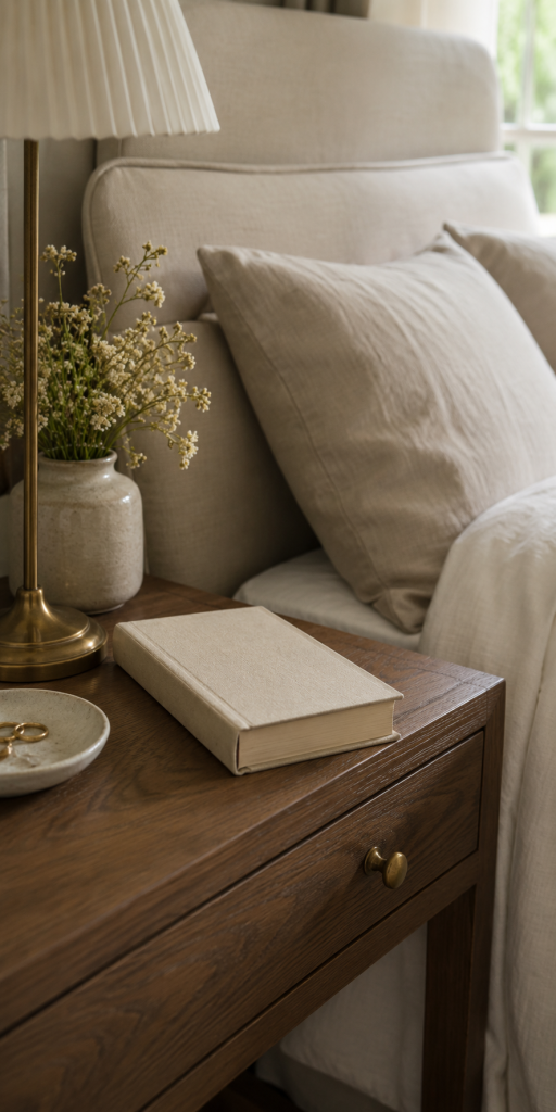 Cloth bound book on nightstand