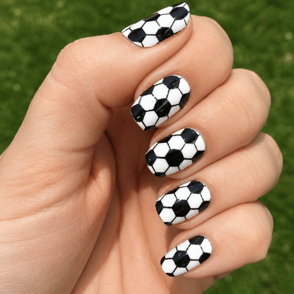 Black and white soccer ball nails featuring a classic football pattern on short square nails with glossy finish.