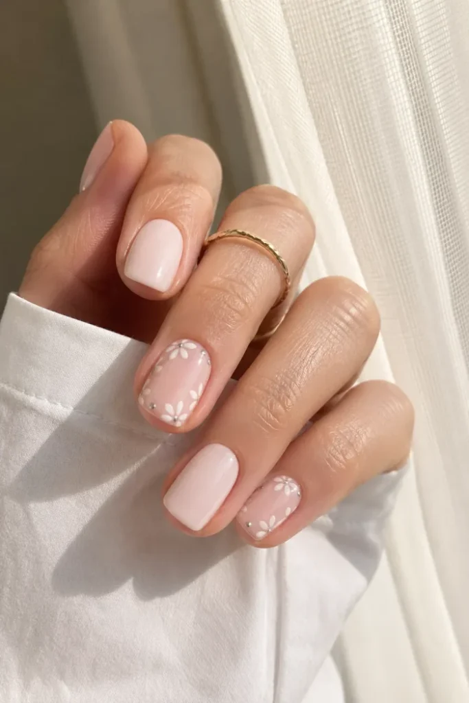 Elegant Blush Floral Accent Nails