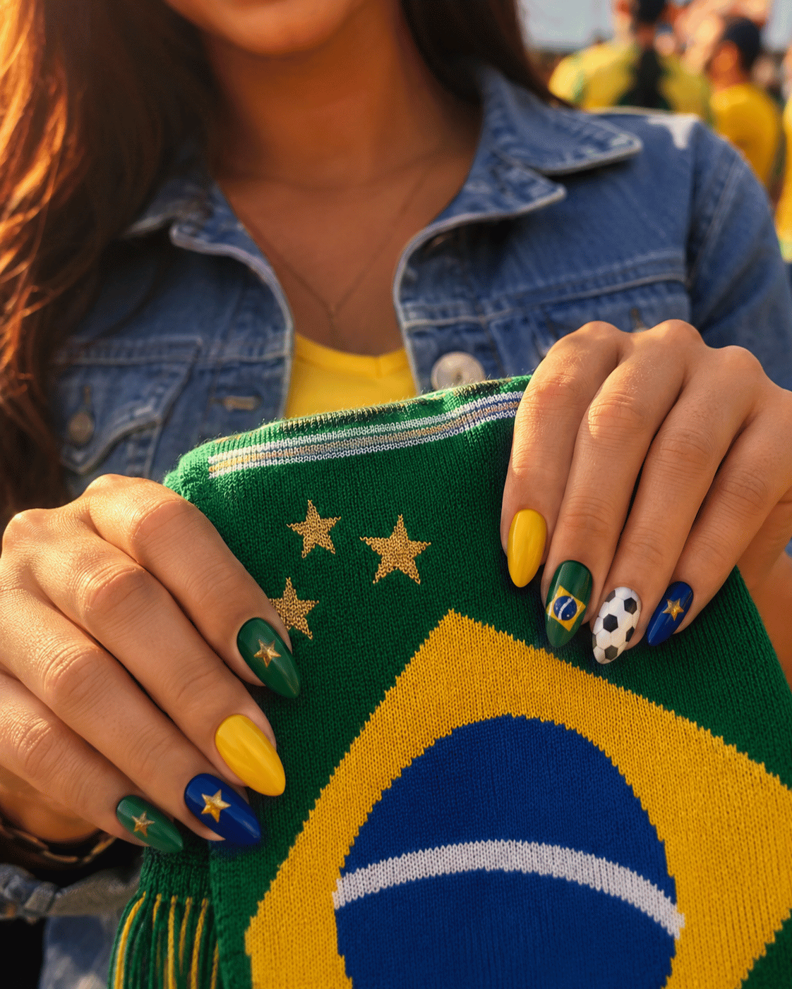 Brazil glory nails featuring green, yellow, and blue football-inspired nail art celebrating Brazil's soccer tradition.