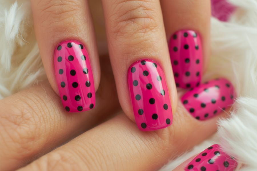 Bright pink square nails decorated with bold black polka dots for a playful, retro-inspired style.