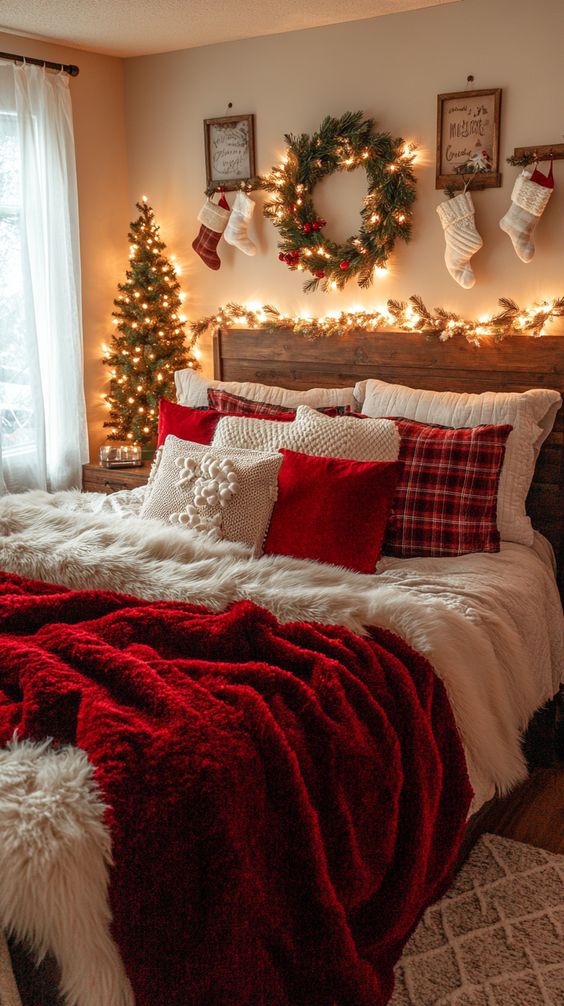 A cozy Christmas-themed bedroom with red plaid bedding and warm, holiday-inspired accents