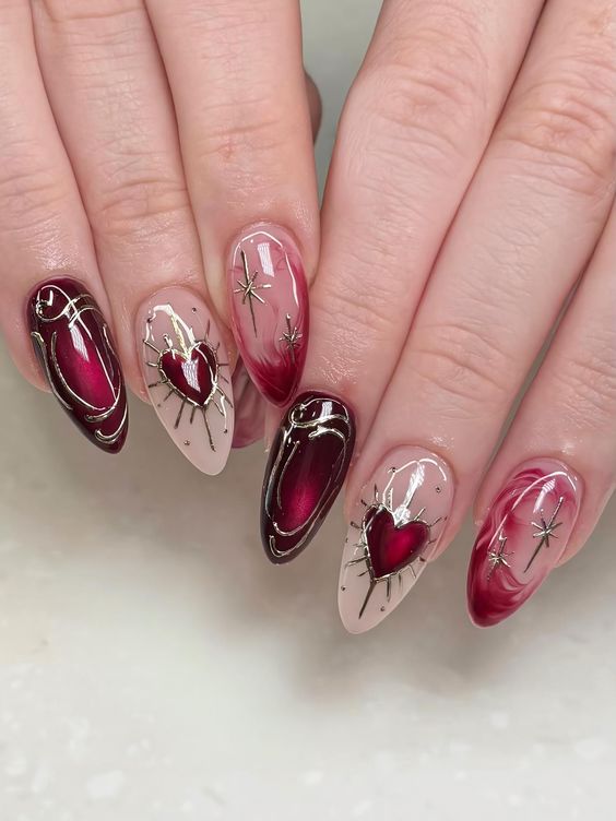 1. Burgundy Hearts and Gold Elegance for a Romantic Valentine’s Day