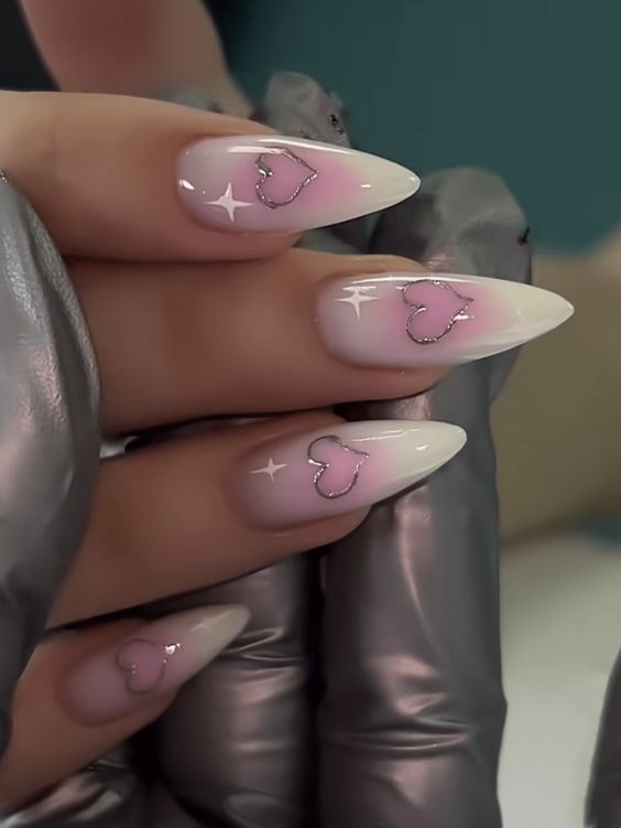 Romantic Baby Pink Nails with Glittering Hearts