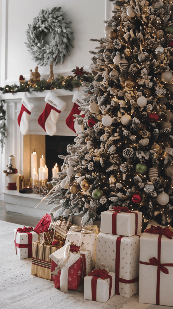 A beautifully decorated Christmas home mantelpiece close up with gift boxes and greenery
