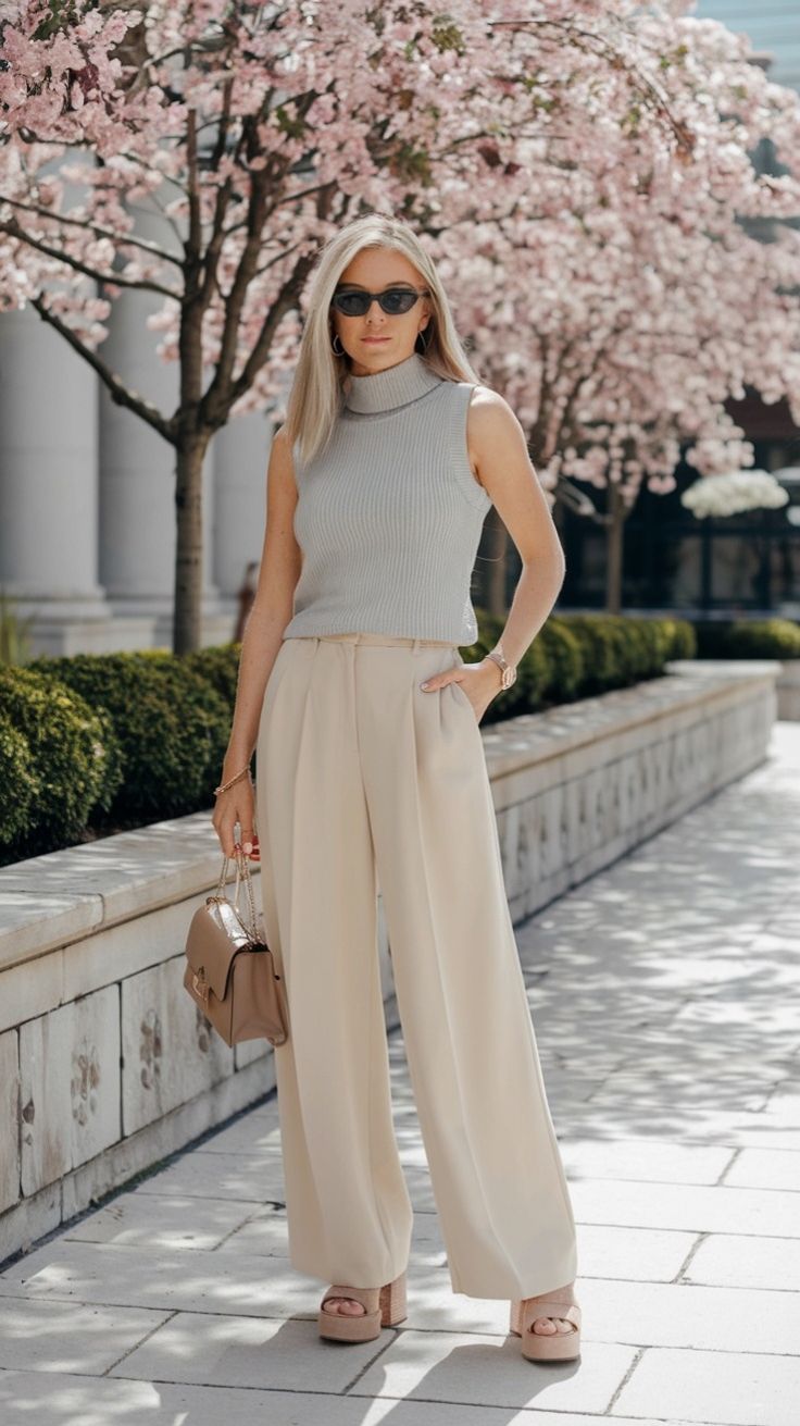 15. Chic Neutrals Under Spring Blossoms