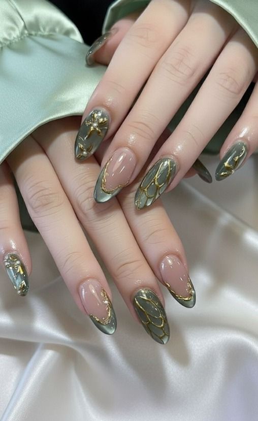 Where Elegance Meets Nature: Sage Green and Gold Prom Nails