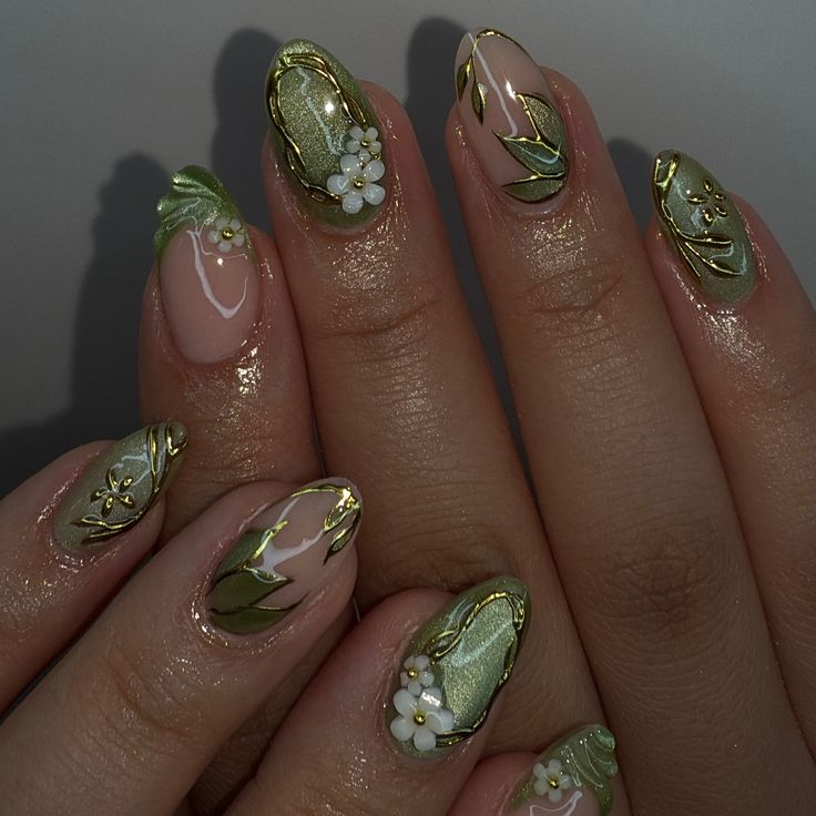 The Art of Elegance: Sage Green Nails with Floral Detailing