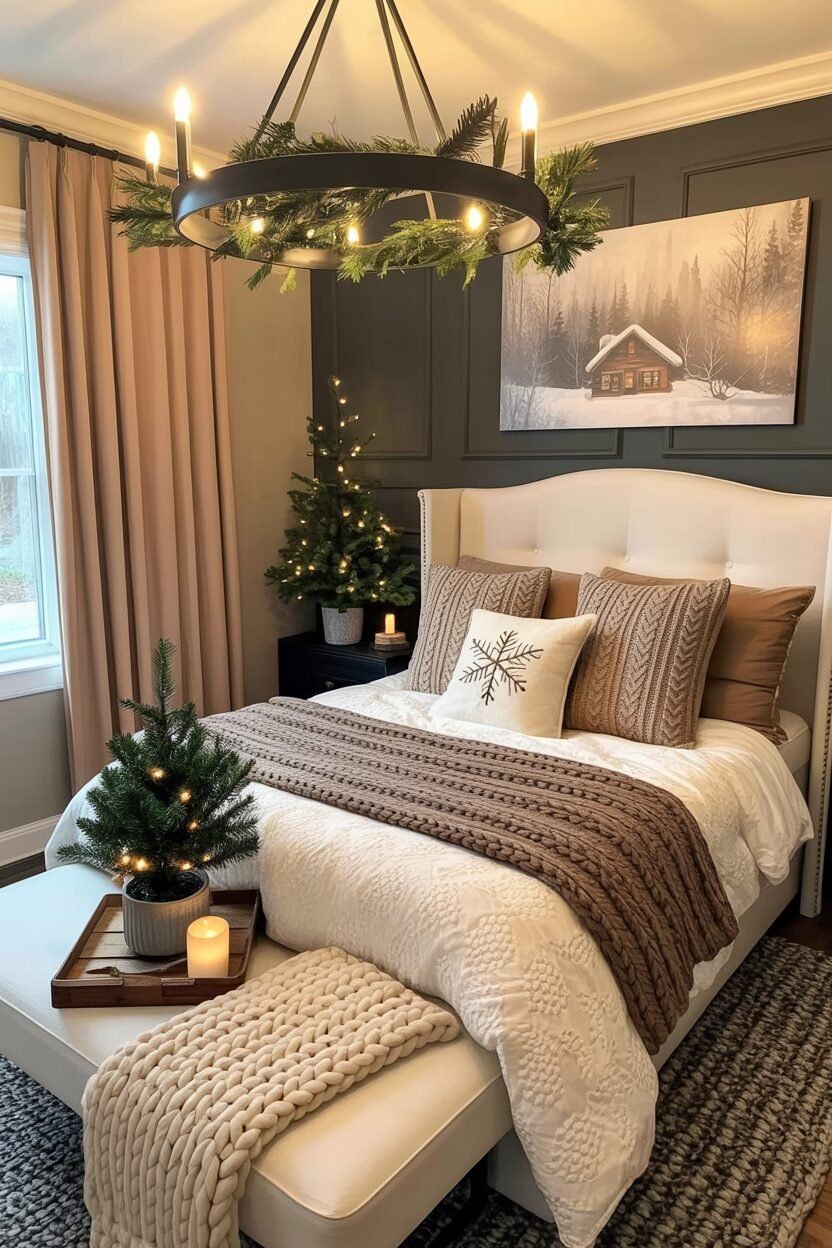 Festive winter bedroom setup