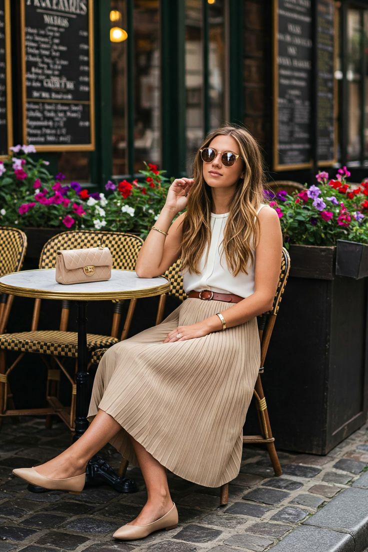 4. Effortless Elegance in a Pleated Beige Skirt and White Blouse