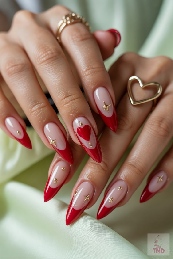9. Romantic Red Tips with Golden Accents for Valentine’s Day Glam