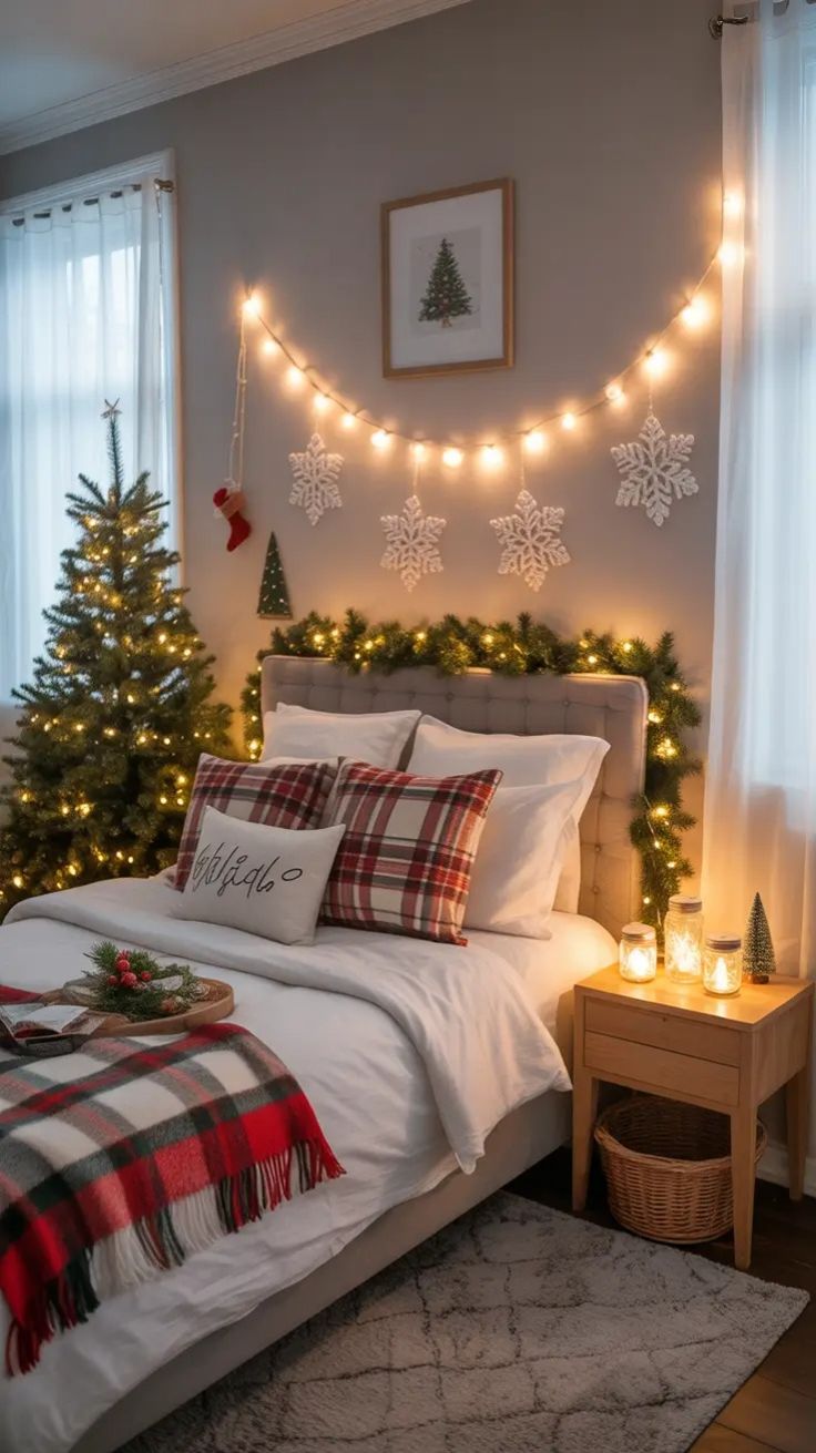 A bedroom with simple, easy-to-implement Christmas decor like string lights and holiday bedding