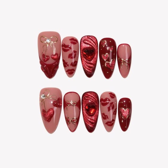 4. Romantic Red Valentine’s Nail Art with Glamorous Sparkle