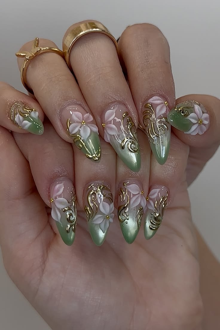 Blossoming Elegance: Sage Green Nails with Floral Charm