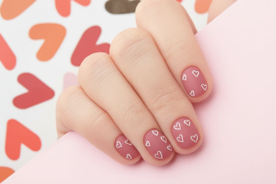 Matte dusty rose nails decorated with delicate white heart outlines for a romantic touch.