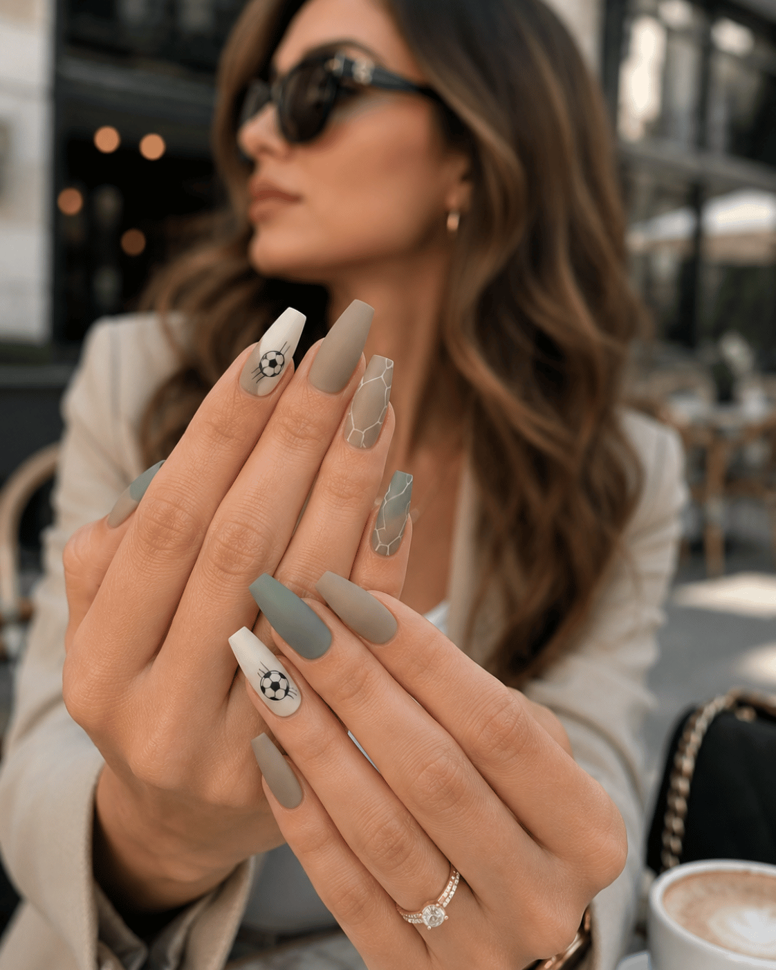 Matte match day nails featuring soft neutral tones and subtle football-inspired details on long coffin-shaped nails.