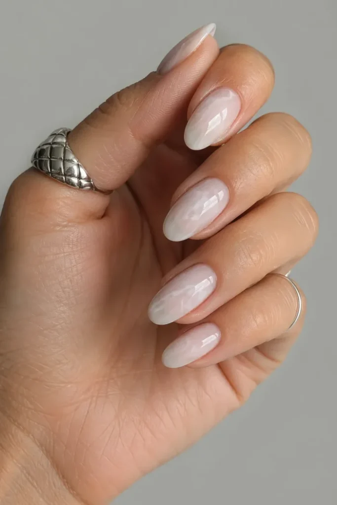 Milky White Marble Almond Nails