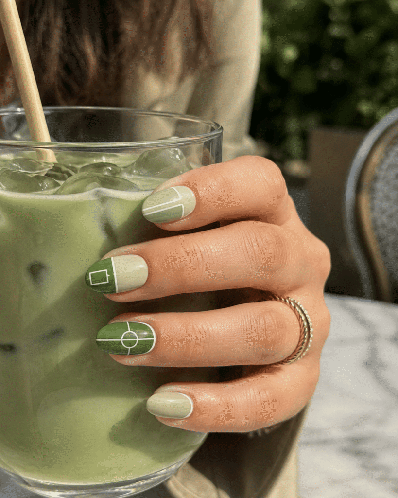 Modern football pitch nails featuring minimalist green soccer field nail art with clean white line details.
