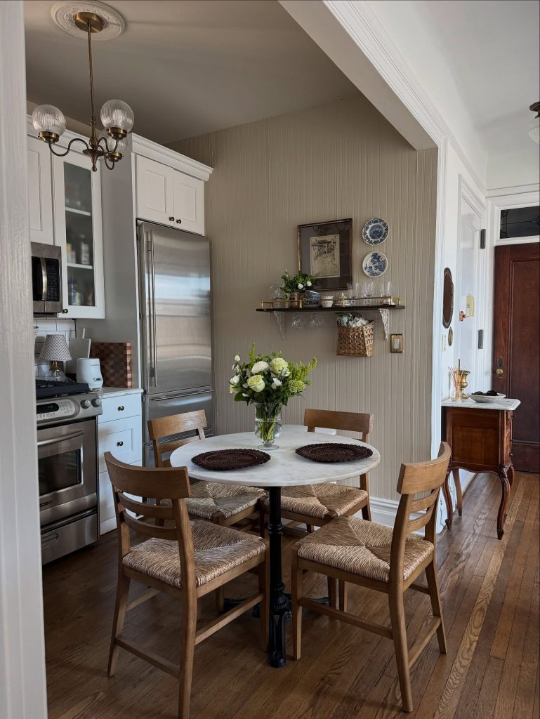 A small cozy Nancy Meyers inspired kitchen with clever details