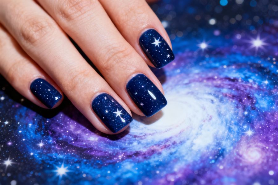 Navy blue square nails featuring tiny white stars and sparkles inspired by a starry night sky.
