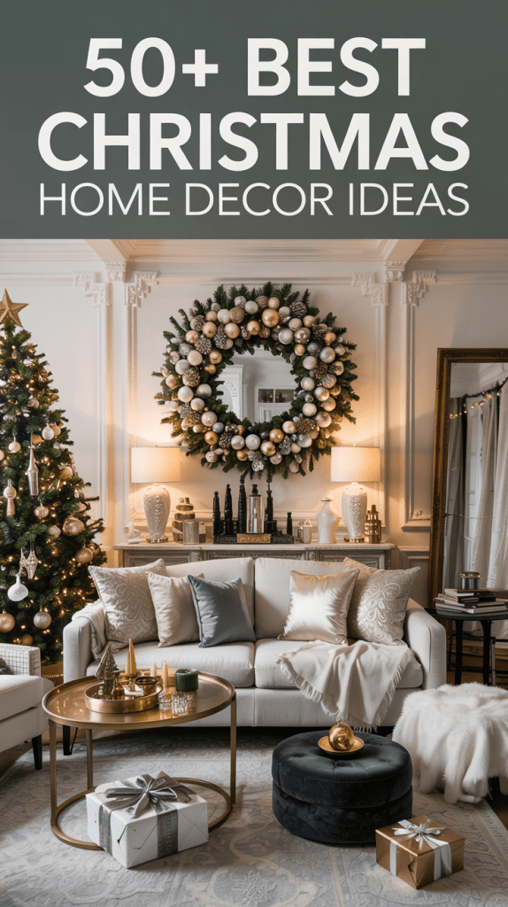 Warm holiday lighting and twinkling lights on Christmas evergreens