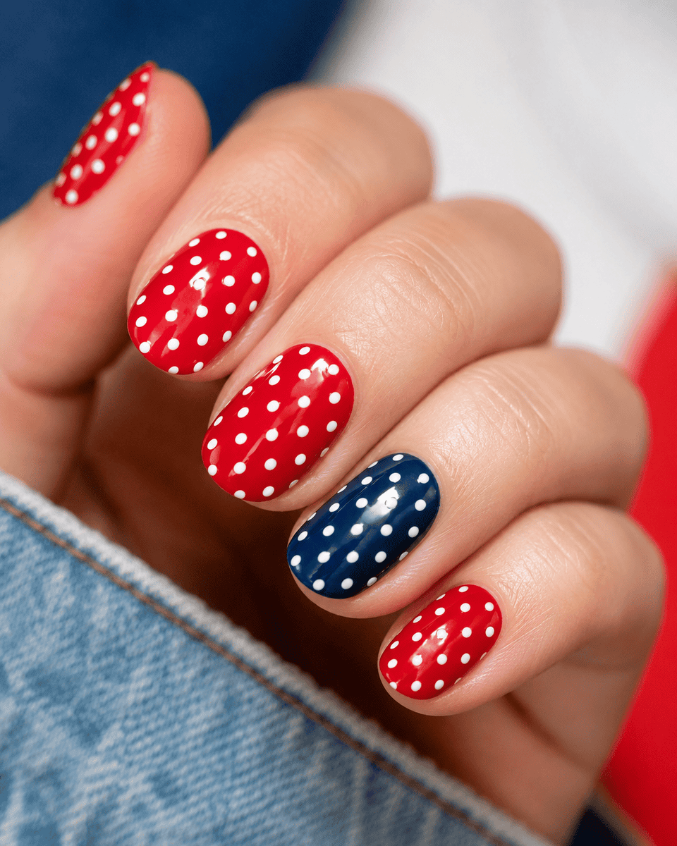 Glossy cherry red nails with white polka dots and navy blue accent nail