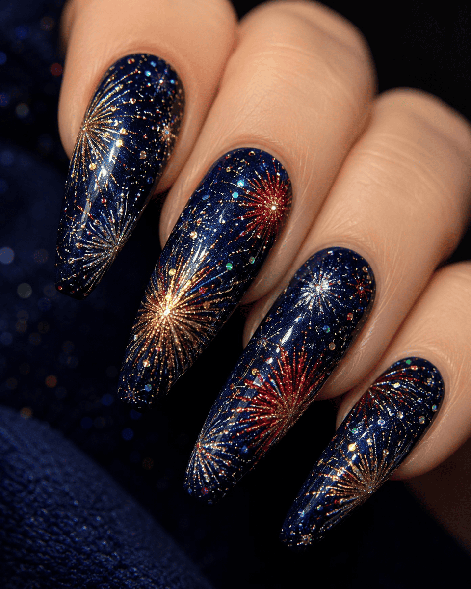 Dark navy nails with gold red and silver glitter fireworks starburst patterns