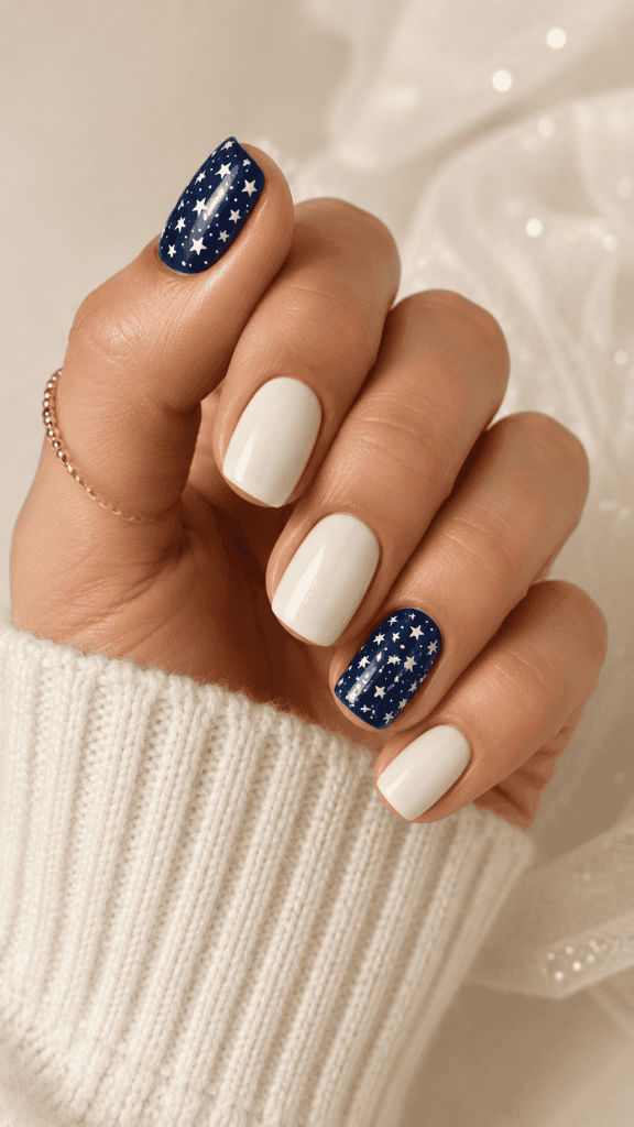 nails in a creamy off-white with the ring finger and thumb painted blue fields filled with white stars