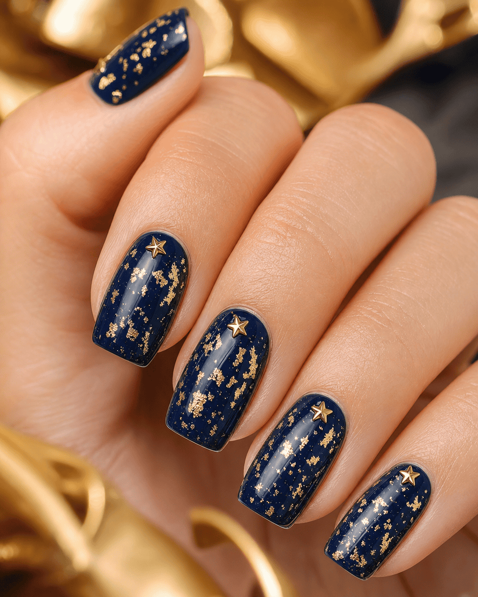 Deep navy nails with gold foil flakes and gold star charms