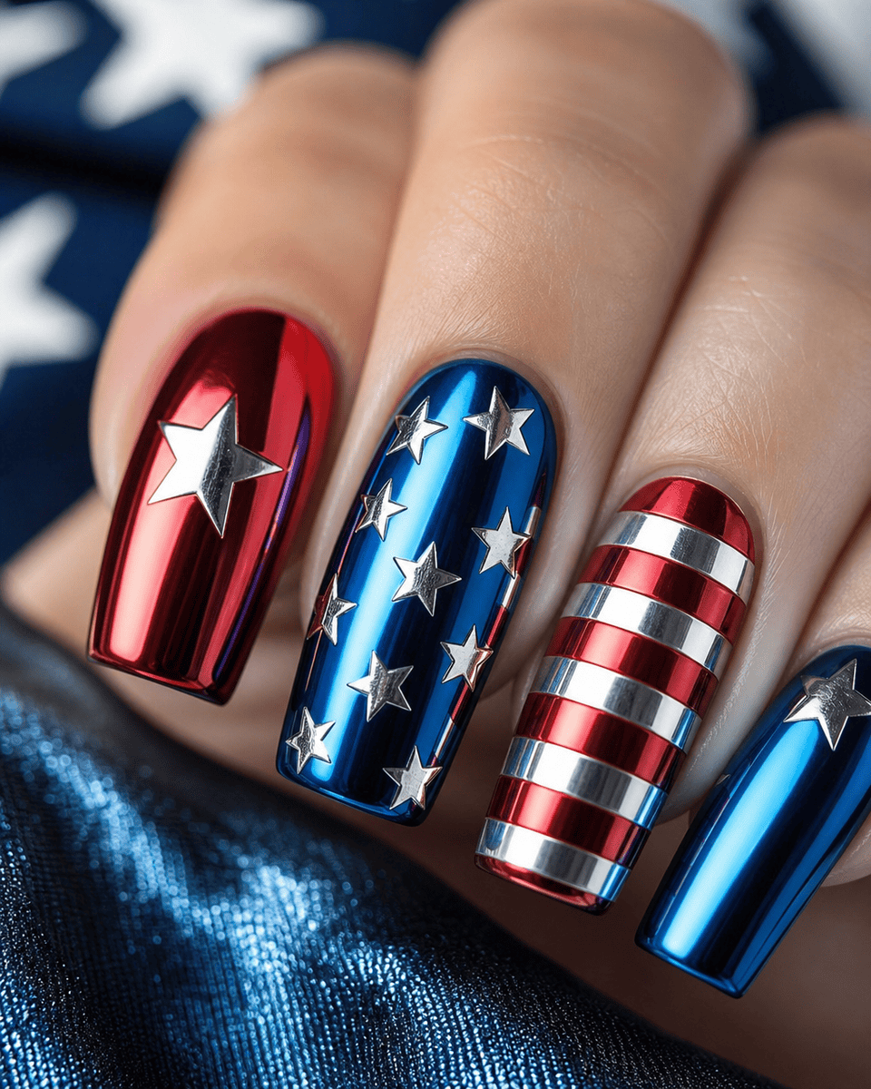 Chrome metallic American flag nail art with reflective red blue and silver finish