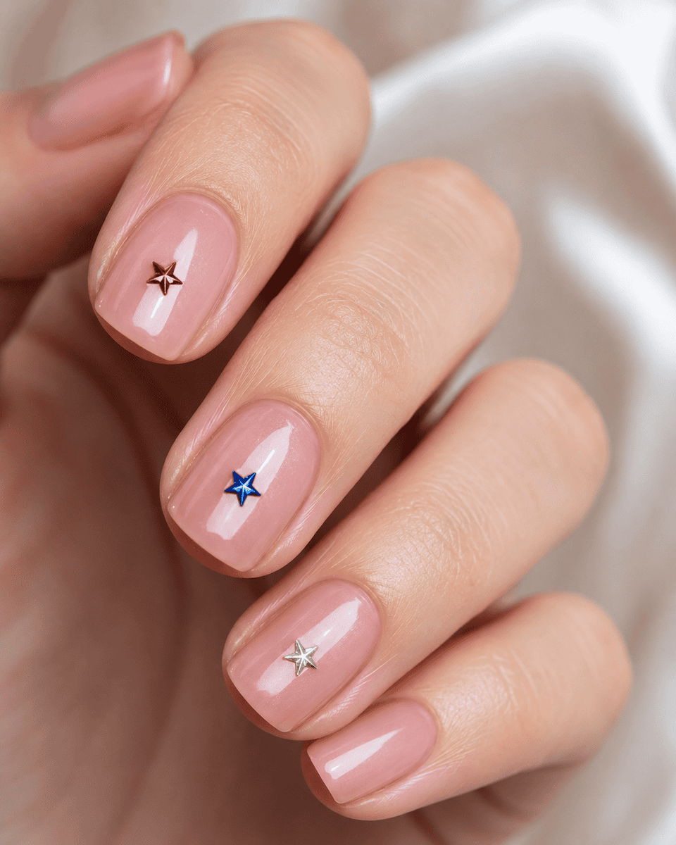 Minimalist sheer pink nails with single tiny patriotic star accents