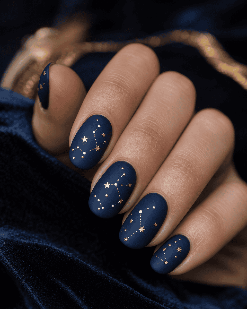Deep navy nails with gold and white star constellation patterns