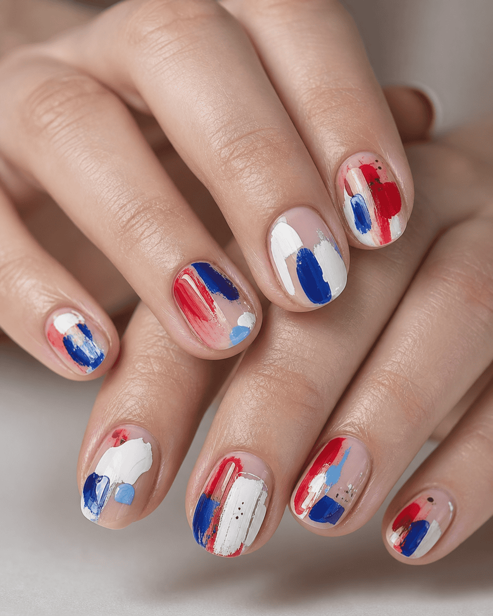 Abstract expressionist nails with free-form red white and blue brushstrokes