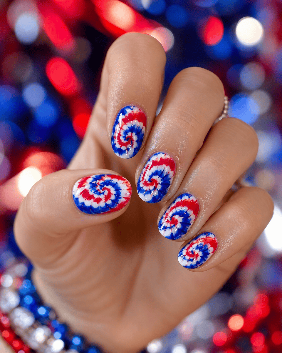 Tie-dye inspired nails with spiraling red white and blue blend