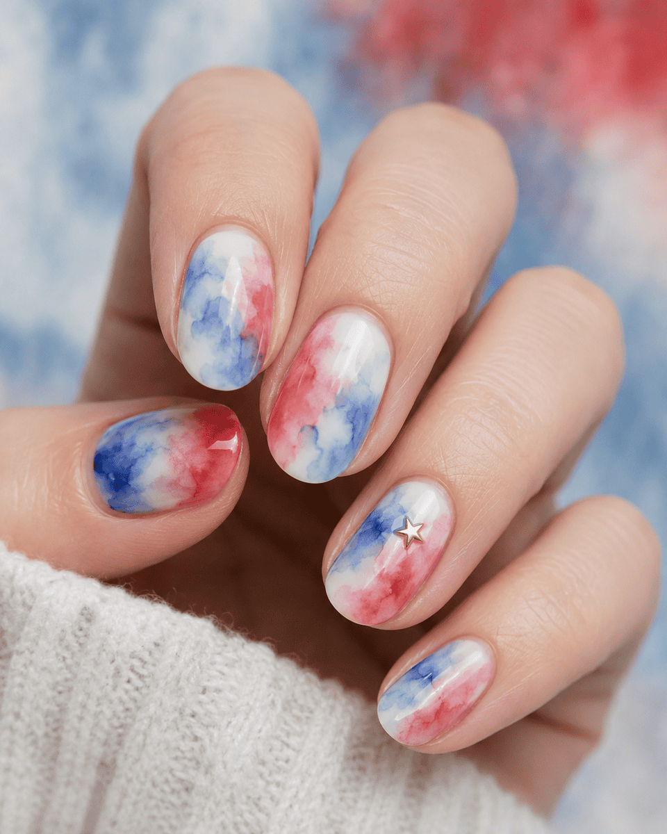Dreamy watercolor effect nails with soft washes of red and blue over white base